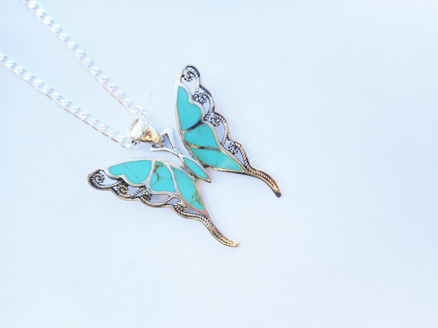 Butterfly necklace turquoise necklaceblue green by firesky7