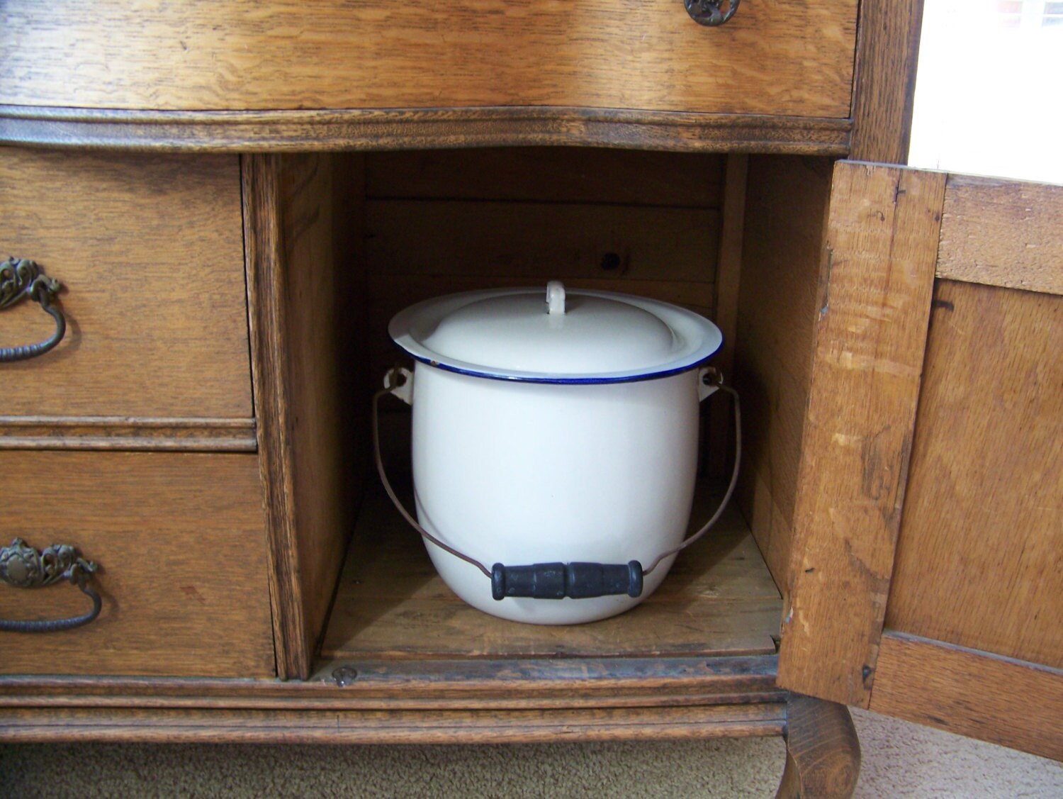 Vintage White and Blue Enamelware Chamber Pot with Lid and