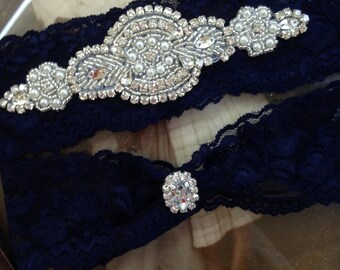 SALE-Wedding Garter-Garter Belt-Bridal Garter-Garter-Navy-Blue-Lace Garter-Rhinestone Garter-Something Blue-Vintage Garter-Pearl garter