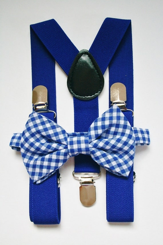 Little boys bow tie and suspenders set. Blue gingham bow tie