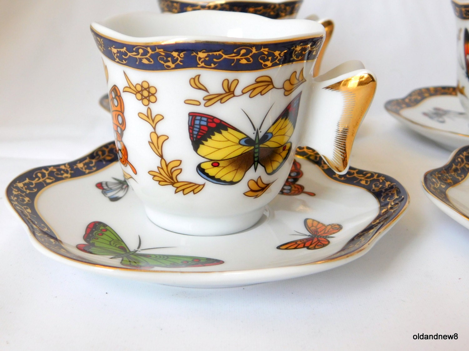 4 Tea Cups and Saucer Set Butterfly Demitasse Tea by oldandnew8