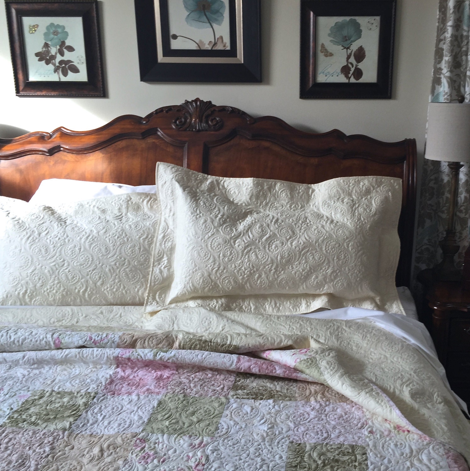 Quilted Pillow Sham Standard/Queen Size Whole Cloth in Ivory