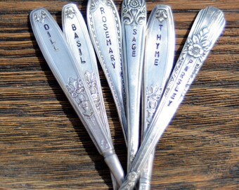 Set of 6 Silver Plate Hand Stamped Herb Markers