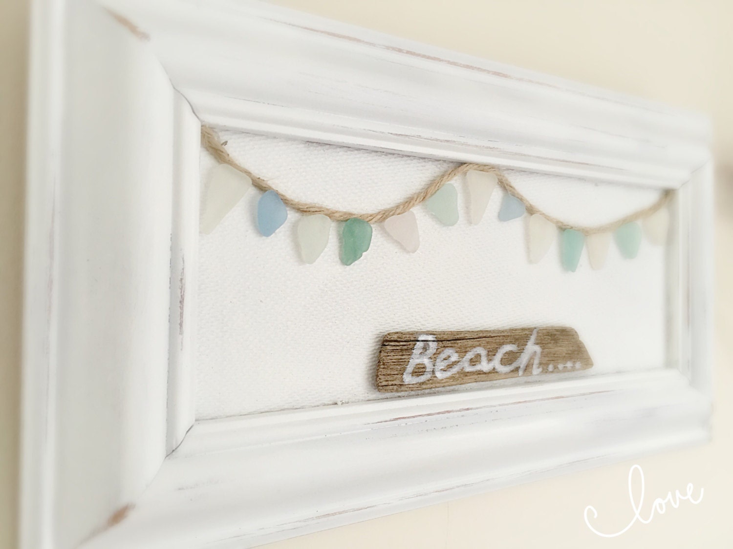 Driftwood Sea Glass Bunting Framed Wall Hanging Art Home Beach