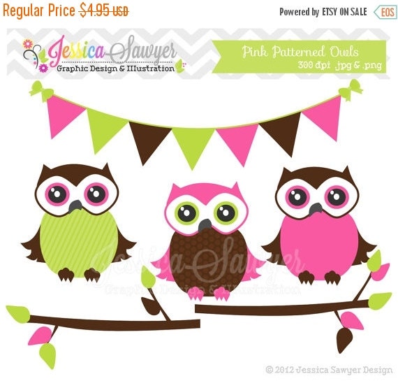 80% OFF - owl clip art, pink patterned owl clipart, bunting banner, branches for baby girl shower, commercial use, graphic INSTANT DOWNLOAD, Il_570xn