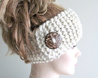 Wool Knit Headbands Button Grey Wheat Earwarmers Spring Fall Winter Handmade Accessories Headcovers Womens Girls Headwraps