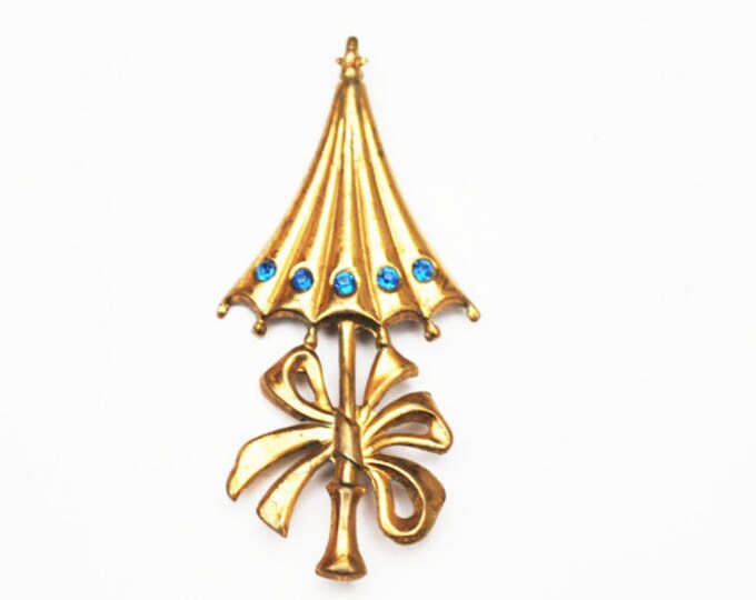 Umbrella Brooch - Gold with Blue Rhinestone - Figurine pin