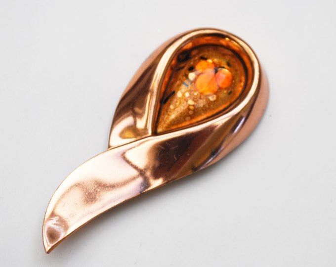 Matisse Renoir Brooch - Copper Swirl -Orange Art Glass - Modernistic Mid Century - Pin