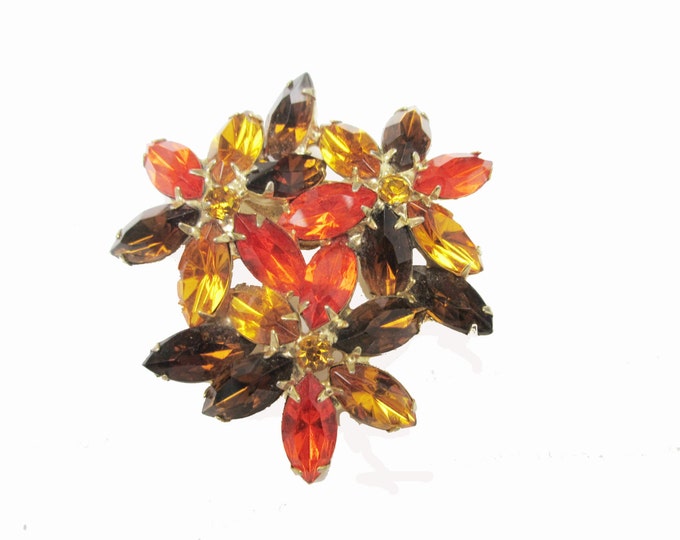 Rhinestone Brooch - Brown orange and Citrine - Domed - Floral Flower pin