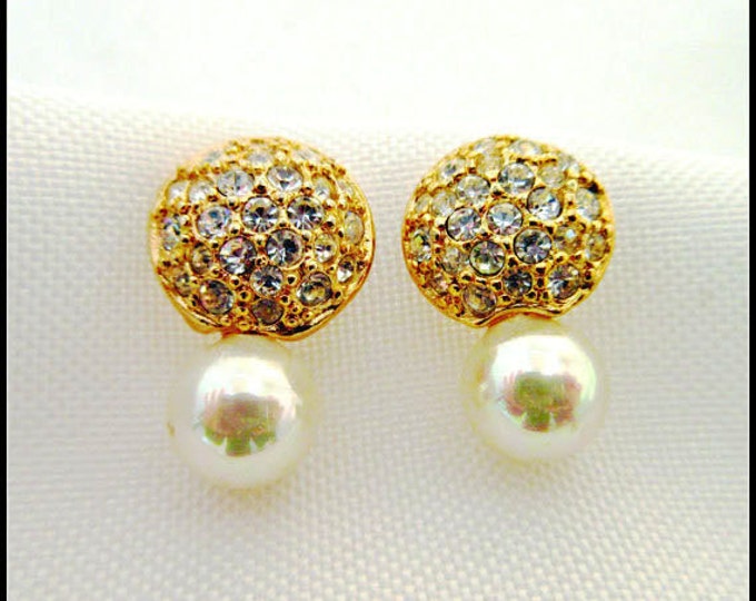 Rhinestone Pearl earrings - signed Roman - Clear crystal - White - Gold - Pirced earring