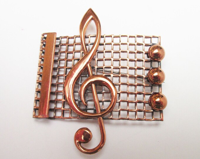 Copper Treble Brooch and earring set - Renoir signed - Mid century - Music note pin and earrings