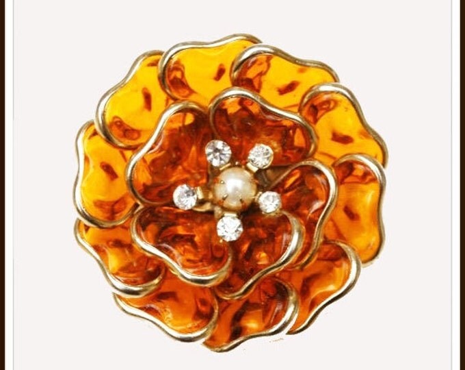 Flower Brooch - Amber Orange Lucite - Rhinestone - Pearl - Floral Pin - Mid Century