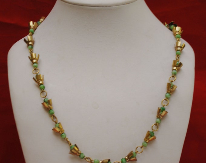 Bead Necklace - Brass Green glass - Art Deco - Boho -Peking Glass beads