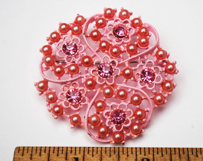 Pink Enamel Flower Brooch - Pink pearls Rhinestone - Mid century- floral pin