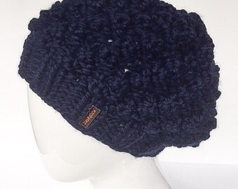 Hand Knit Hat, Bobble Hat, Slouchy Hat, Winter Hat, Women's Accessories, Navy, Blue, Christmas Gifts, Gifts under 30