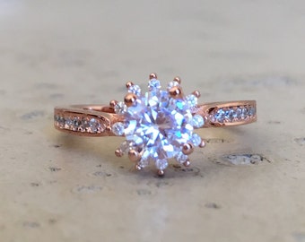 Rose Gold Promise Ring- Flower Engagement Ring- Halo Bridal Ring- Unique Wedding Floral Ring