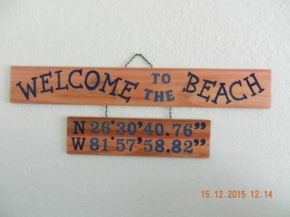 Items Similar To Latitude Longitude Wood Sign Welcome To The Beach   Il 570xN.911716042 Axnc 