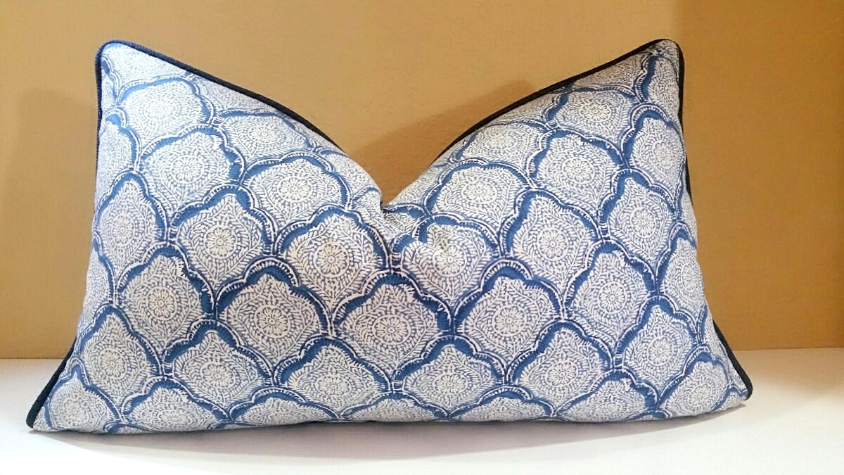 Pillow Cover Indigo and Ivory with navy trim detail select