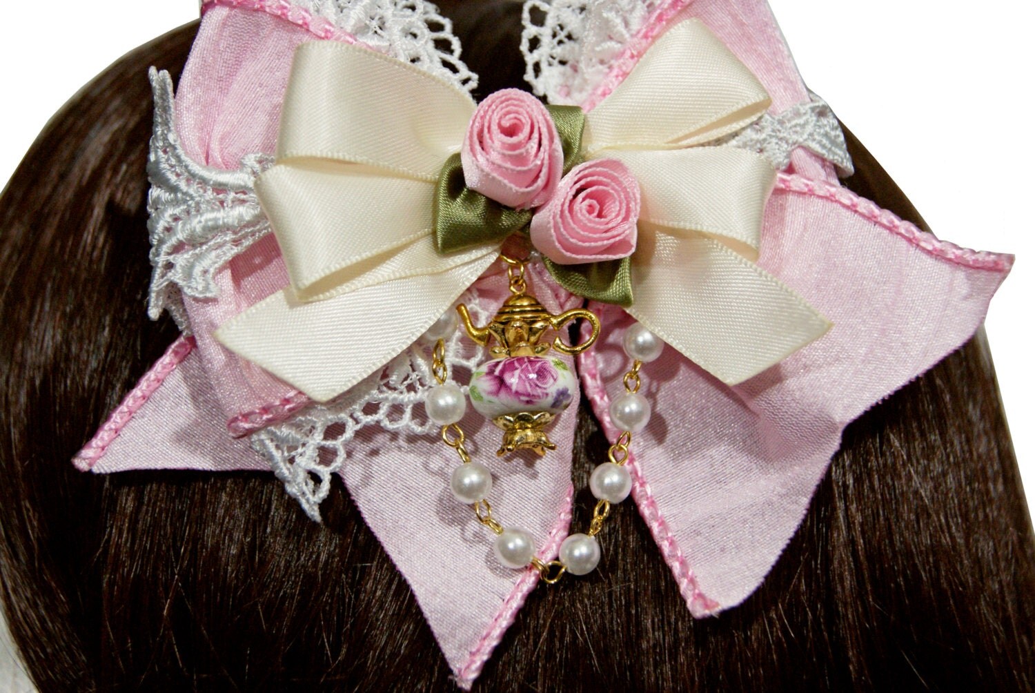 Beautiful Pink Rose Porcelain Teapot Hair Bow Available in