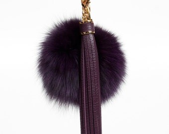Pompom Keychain fur ball bag charms with long leather tassel clasp, handbag charm, tassel key chian - Purple