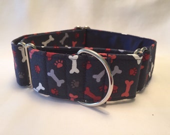 1.5" Paws/Bones on Navy Martingale Collar
