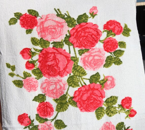 Vintage Unused Towel Set Pink Roses Bath Towels and Wash