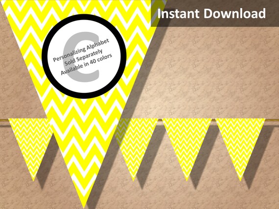 Yellow Chevron Bunting Pennant Banner Instant Download, Party Decorations Il_570xn