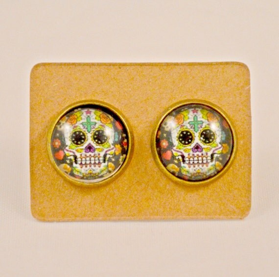 White Sugar Skull Stud Earrings Candy Skull by AshMysticEmporium
