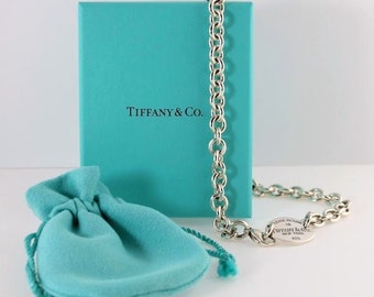 Vintage Sterling Silver Return to TIFFANY & Co LOGO Luggage TAG Charm Pendant Link Chain 15.5" Necklace 52.5gr with Pouch and Jewelry Box