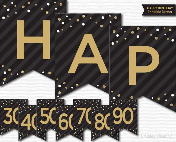 birthday banner printable black gold glitter any age milestone