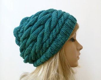 Wool Cable Slouchy Beanie- Women Knit Hat - Hand Knit Cabled Merino Wool Acrylic Slouch Beanie - Teal Heather Slouchy Hat - ClickClackKnits