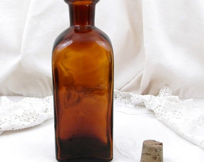 Large Square Antique French Amber Apothecary Glass Bottle with a Cork Stopper, Country Decor, Chemist, Pharmacy, Brocante, Vintage Style