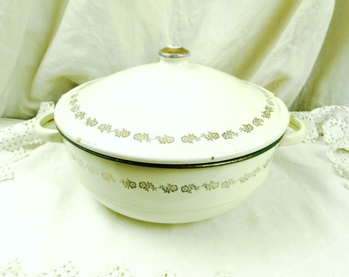Large Antique French Off White Green & Gold Enamelware Lidded Vessel Pot Pan/ Retro Vintage Home Decor / Enamel / Cottage Kitchen Country