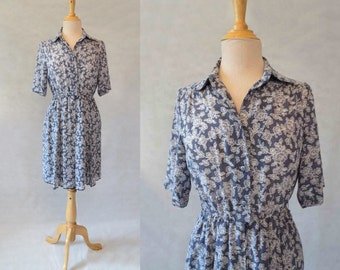 Navy and White Floral Shirtwaist Dress