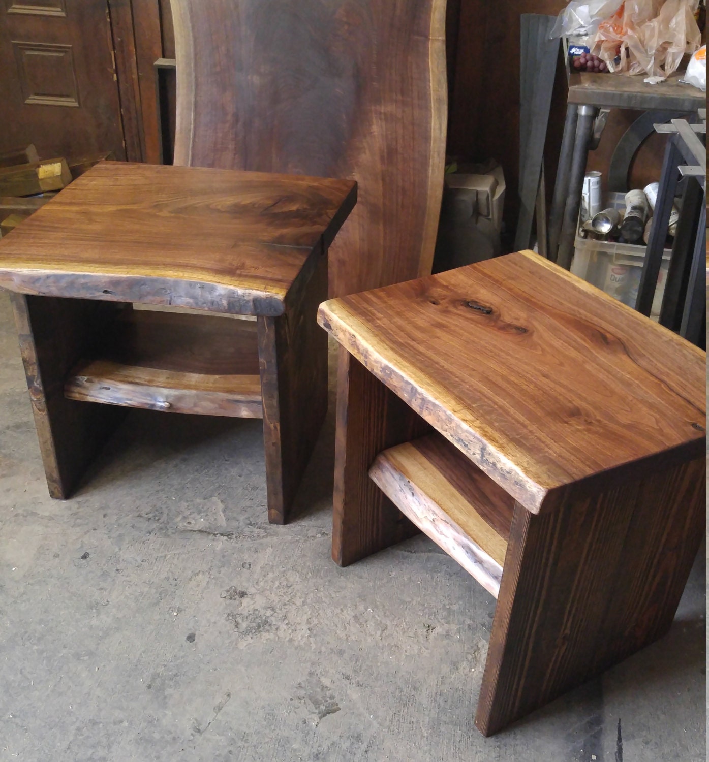 Live Edge Side End Tables with Reclaimed Wooden Base