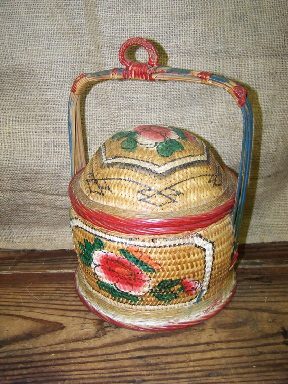 Hand Painted Basket with Lid Basket with Handle and Lid Red