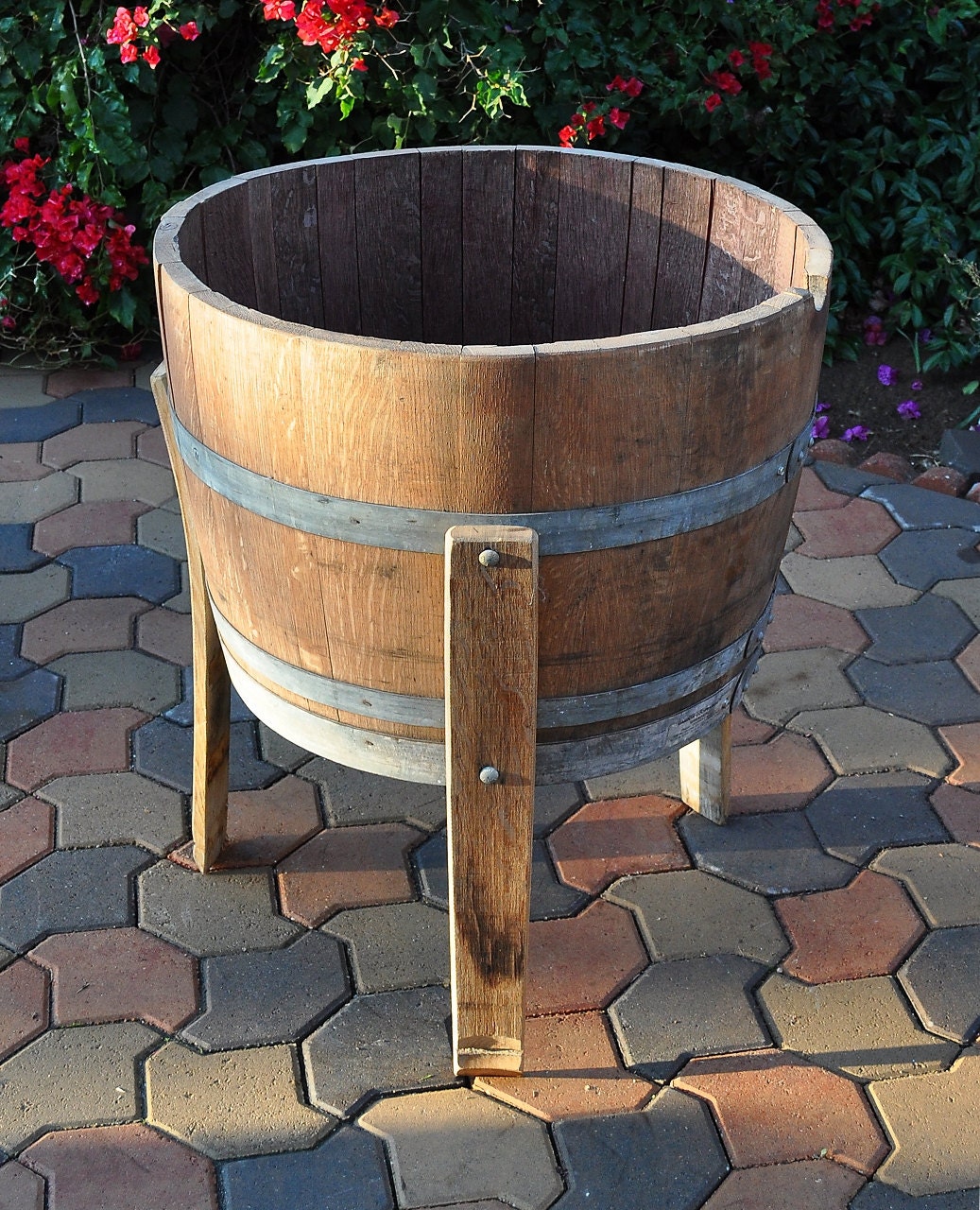 1/2 Wine Oak barrel planter With Legs/ Handmade