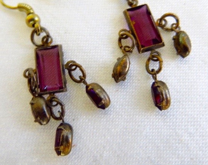 Czech Glass Earrings Vintage Beveled Amethyst Chandelier Earrings Pierced Ears
