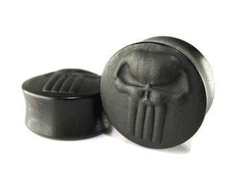 Punisher01 Pattern Handmade Wooden Ear Plugs size10mm-40mm