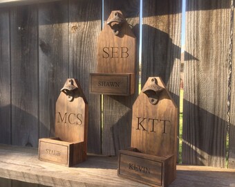 Personalized Rustic wooden bottle opener beer cap catcher cast iron gift groomsman, father's day, wall mounted rustic, beer, bottle, wedding