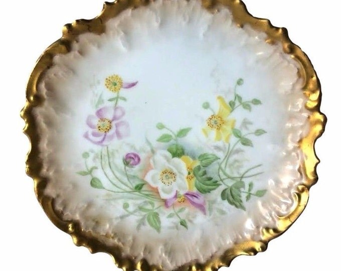 Vintage Limoges China Hand Painted Porcelain Plate with Heavy Gold Paint and Primroses France 7 5/8 Inches