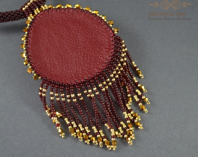 Imperial necklace Large Beaded Stone Necklace Stone effect catseye Red gold Fringe necklace Beadwork necklace Seed beads Tube mineral