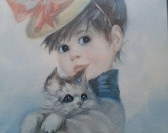 Girl in a hat with a cat, known as Harrriet by John Strevens vintage print