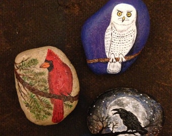 Painted Rocks Owl Crow Cardinal for Kate Custom Order