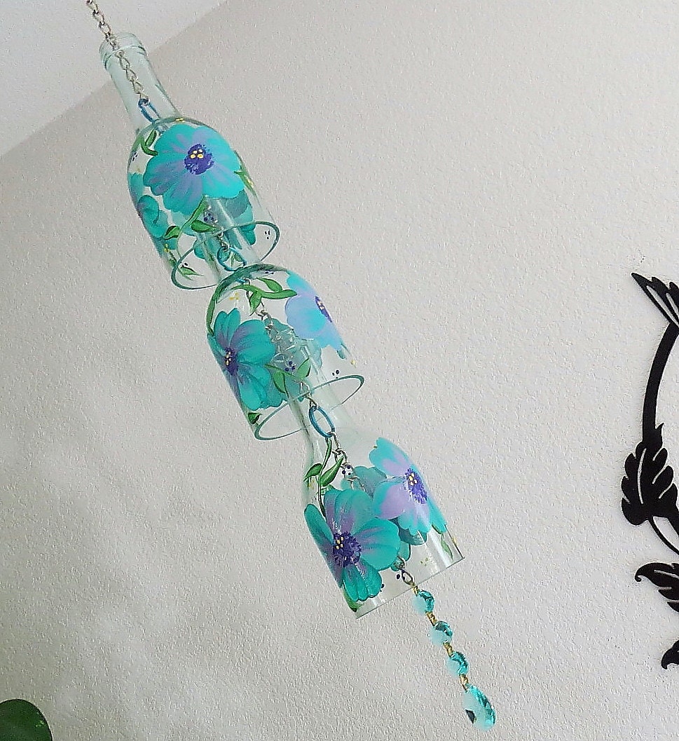 Glass Wind Chime Upcycled Wine Bottle Flowers Purple Glass Wind Chime Upcycled Wine Bottle Flowers Purple Teal Sun Catcher Yard Art Prism Clear