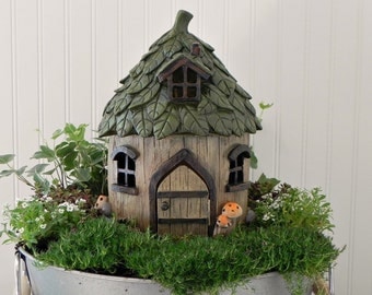 Fairy House Large, Fairy Garden Cottage, Leaf style Roof, Fairy Garden Supply, Handcrafted Welcome or Believe Sign