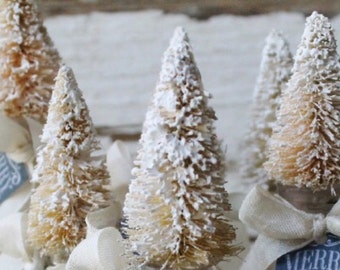 Christmas Flocked Bottle Brush Trees Cream White Vintage Style French Farmhouse Decor