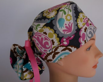 Lacy Paisley Ponytail - Womens lined surgical scrub cap, scrub hat, Nurse surgical cap/hat, Bakers hat, 45+8010 OW