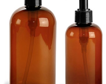 8 oz. (240 mL) Amber Plastic Bottles with Disc Caps or Lotion Pumps, Set of 4