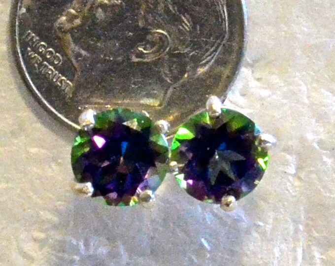 Rainbow Mystic Topaz Studs, 7mm Round, Natural, Set in Sterling Silver E980